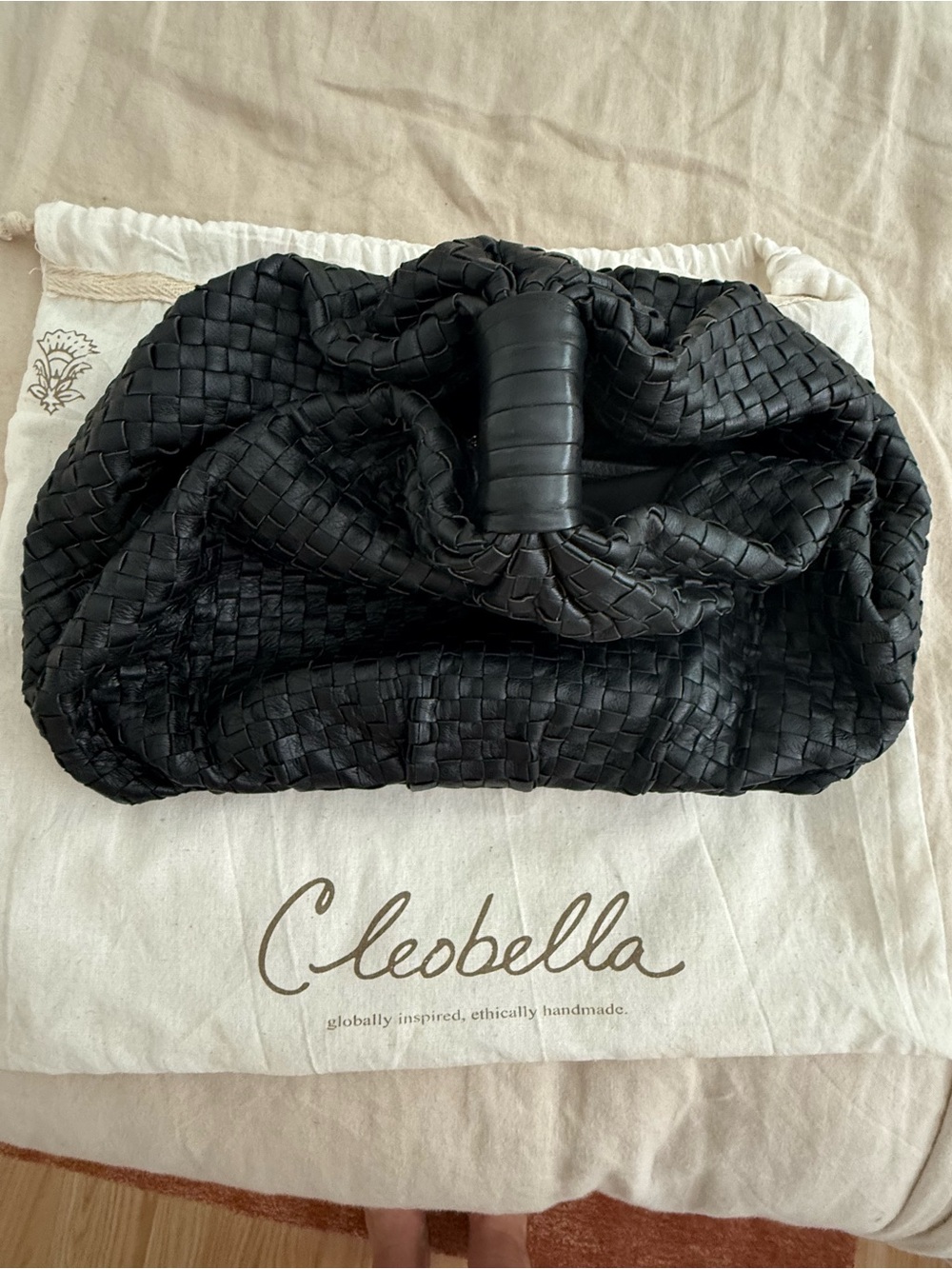 Cleobella Black Woven Leather Roll-Top Clutch